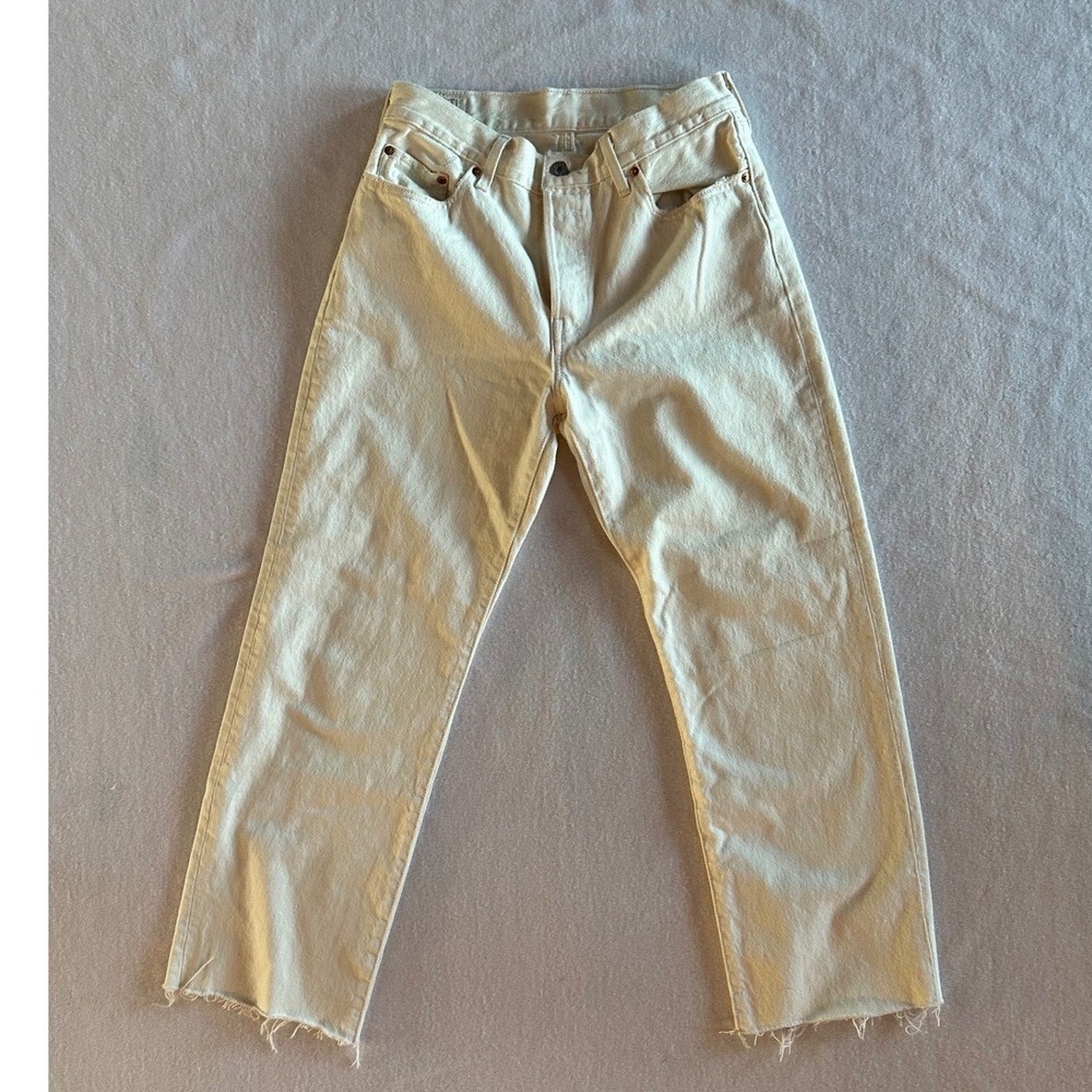 Levis Premium 501 Original Cropped Cream Cotton Jeans W28 L30